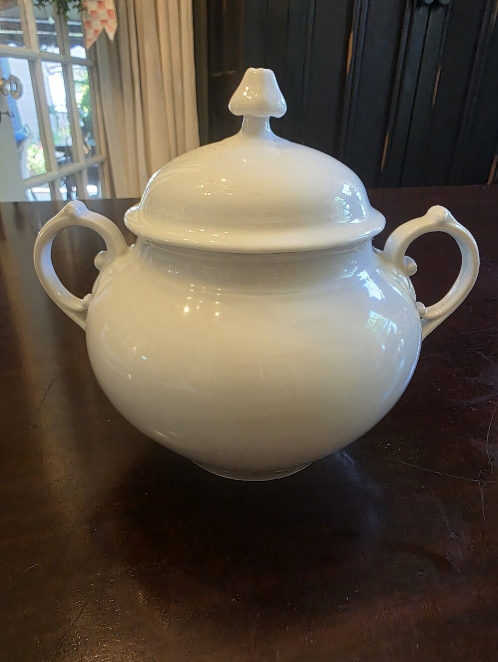 Classic White Covered Extra Large Sugar Bowl Type Ceramic Container  w/ Handles